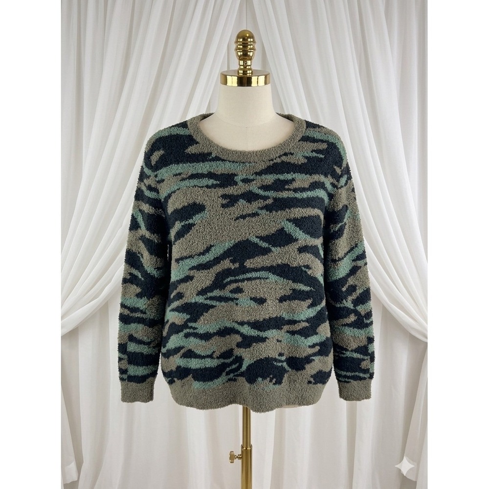 New Barefoot Dreams Pullover Womens 2X Green Camo CozyChic Seaside‎ Sweater